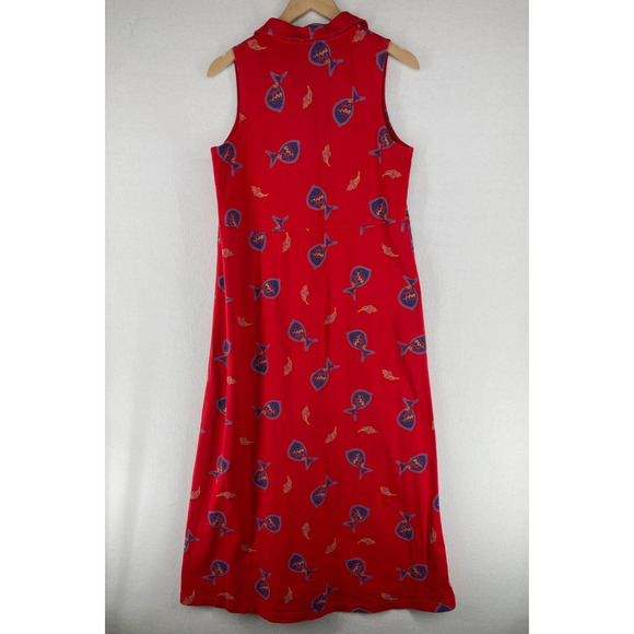 ZIP CODE Dress M Fish Shell Print Popover Maxi Sleeveless Jersey Cotton Red - Picture 2 of 15
